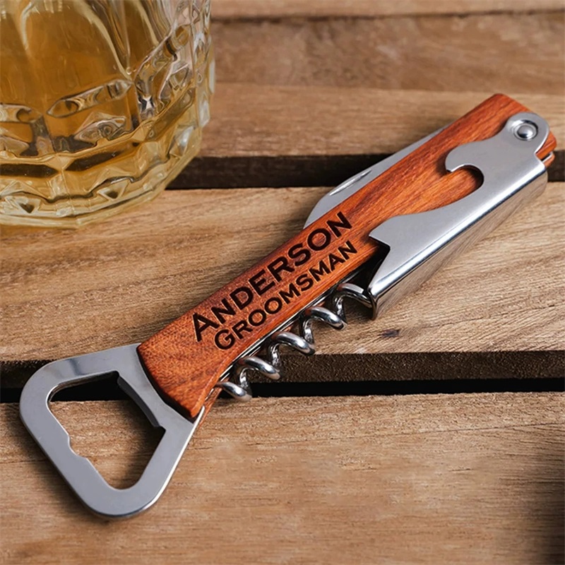 Wine Beer Brand - Saca-rolhas com cabo de madeira, nome